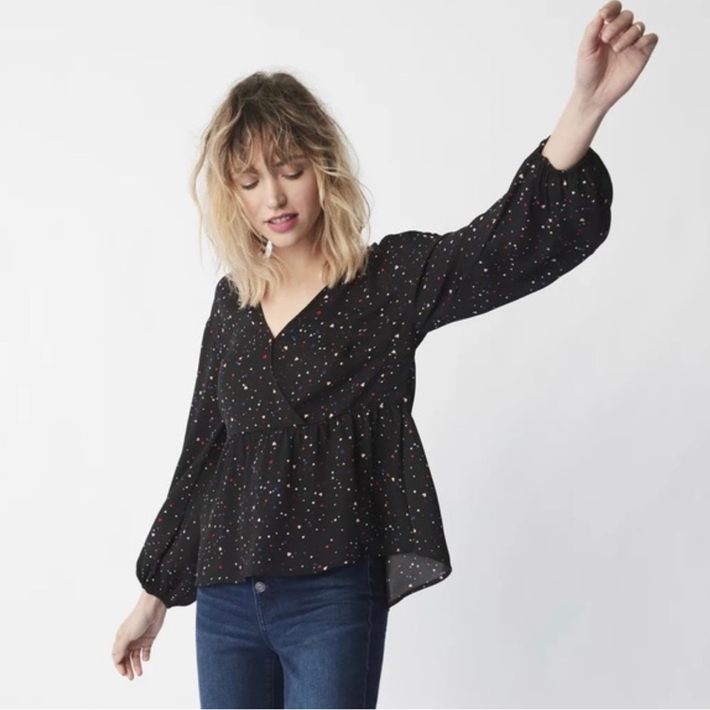 Popsugar Medium Peplum Long Sleeve Top Black with Hearts